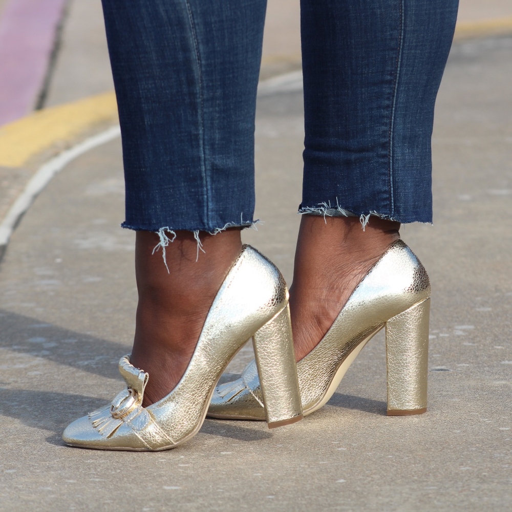 Shoe Dazzle Gold Fringe Mules